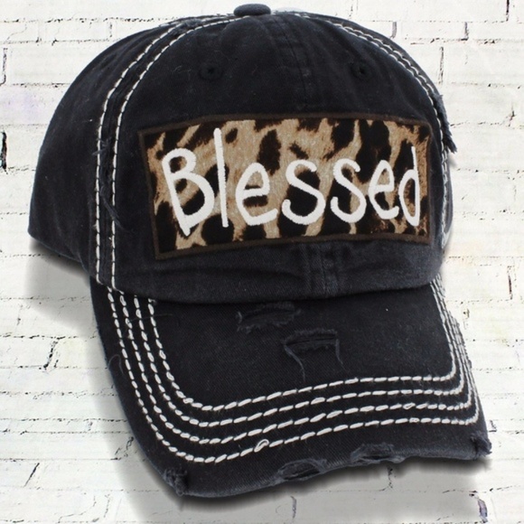Accessories - Distressed Black & Leopard Print 'Blessed' Cap